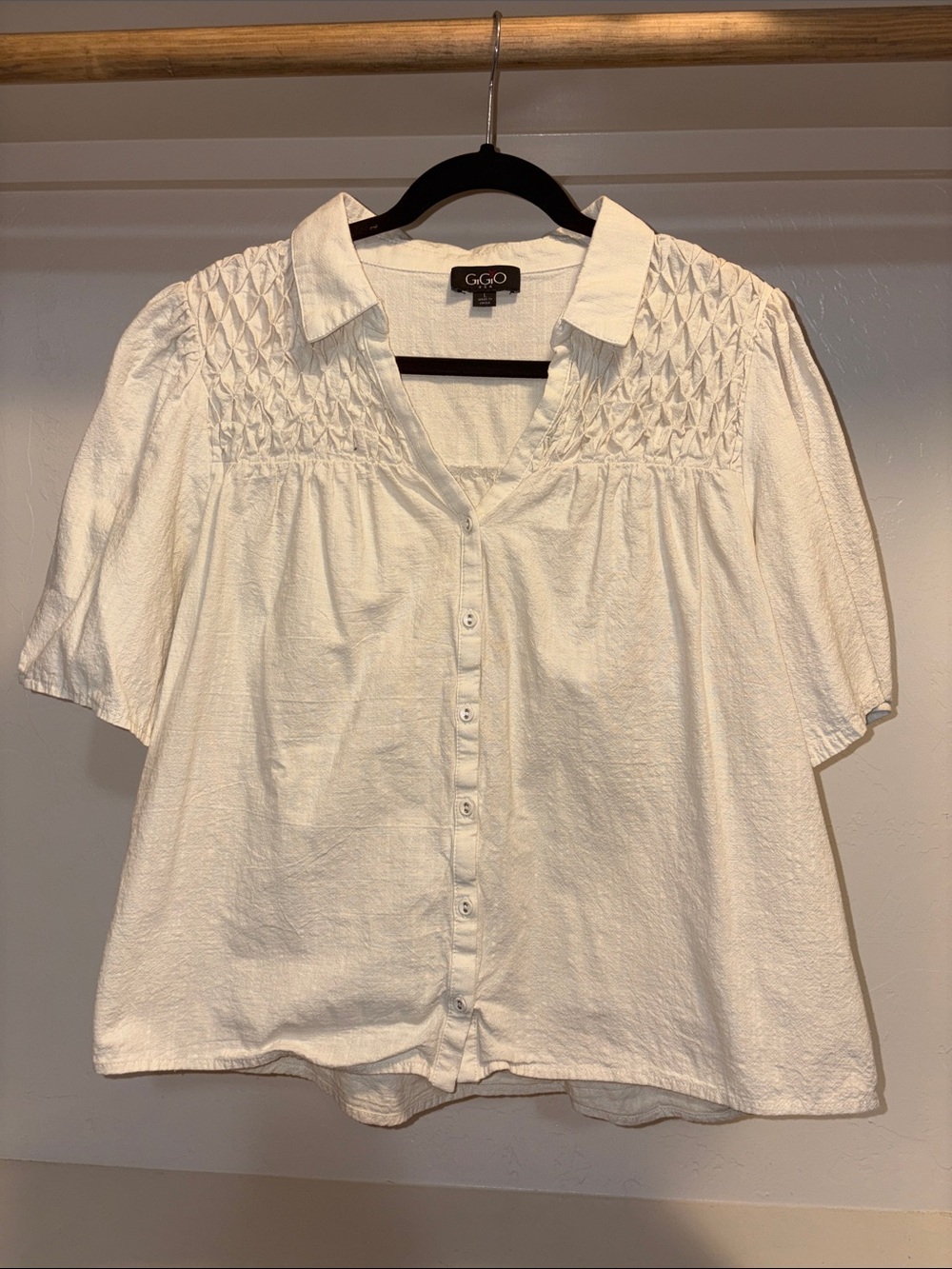 G.G.O White Smocked Yoke Button-Front Blouse - Picture 1 of 5